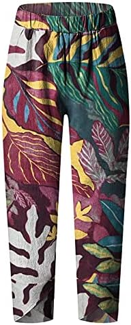 כותנה פשתן קאפרי מכנסיים נשים קיץ מקרית קאפרי מכנסיים עם כיסים גבוהה מותן קומפי חוף מכנסיים פרחוני הרמון