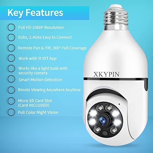 מצלמת אבטחה Xkypin Wireless Wifi 1080p 360 מעלות נורת נורה שקע אור חיצוני מחבת הטיה פנורמית ראיית לילה