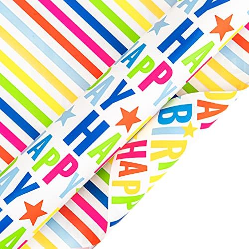גליל ג 'מבו נייר עטיפת יום הולדת הפיך-כיתוב ופס יום הולדת שמח - 24 אינץ' על 100 רגל
