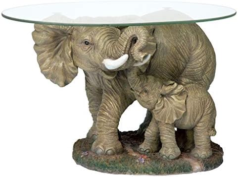 עיצוב טוסקנו פילים הוד אפריקאי דקור קפה שולחן עם זכוכית למעלה, 30 אינץ, מלא צבע