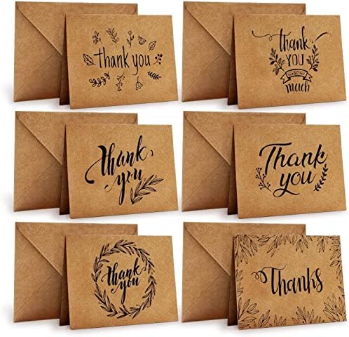 כרטיסי תודה של אוהו, 36 מארז נייר קראפט חום 6 עיצוב של מגוון כרטיס ברכה תודה עם מעטפות ומדבקות לחתונה,