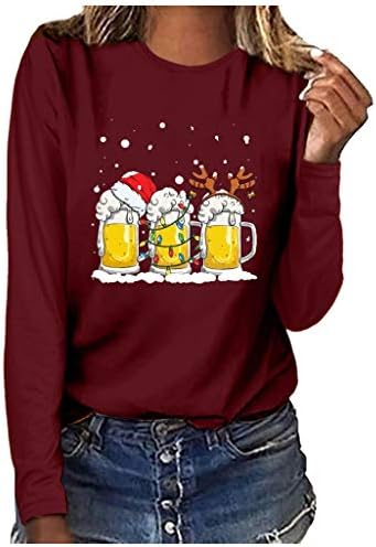 צמרות חג המולד של נשים שרוול ארוך בירה גרפית חולצות מודפסות חג סווטשירט סווטשירט סווטשירט חג המולד