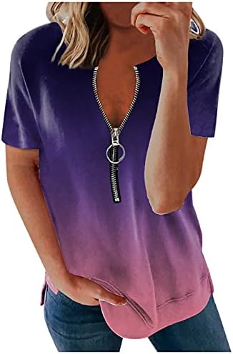 זורם חולצות לנשים נשים אופנה מקרית חולצות חולצה הדפסת טוניקה עם צוואר רוכסן חולצה קצר קיץ חולצות