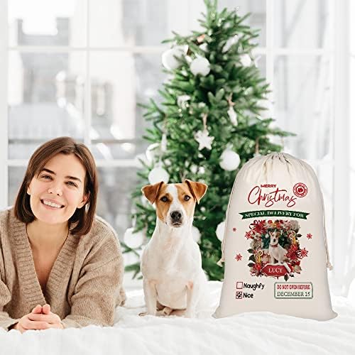 תיק אתה אישית כלב סנטה שקים יפה דני ענק סנטה תיק עבור חג המולד חג המולד מתנה עם שרוך כותנה פשתן 19.5