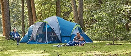 כיפת אוהל אוזארק שביל 10-אדם משפחת קמפינג אוהל עם 3 חדרים ומסך מרפסת, כחול
