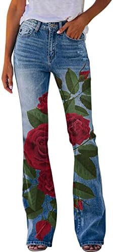 מכנסיים תחתון פעמון לנשים הדפס פרחוני מכנסיים מתרחשים מתאימים למותניים אלסטיים ג'ינס תחתון פעמון עם