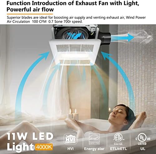 מאוורר פליטה של ​​חדר אמבטיה שקט של Nooknova עם אור, 100 CFM, 0.7 מאוורר אוורור משק בית, מאוורר אוורור