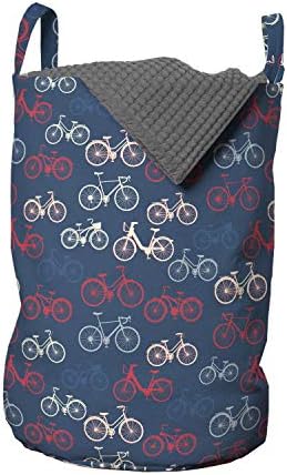 שק כביסה לאופניים באמבסון, סקיצות מירוץ עירוני ואופניים בעיצוב צבעוני רטרו על הדפס רקע כחול, סל סל עם