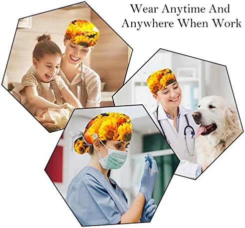 כובעים רפואיים לנשים עם כפתורים שיער ארוך, כובע עבודה מתכוונן 2 חלקים, פריחת חמניות פרחים צהובה