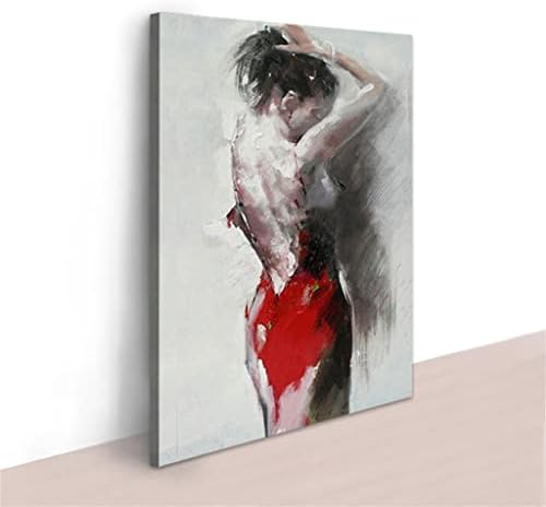 Zjhyxyh ילדה צעירה שמלה אדומה אמנות צבועת בד צבוע בציור שמן בעבודת יד עיצוב סלון ביתי