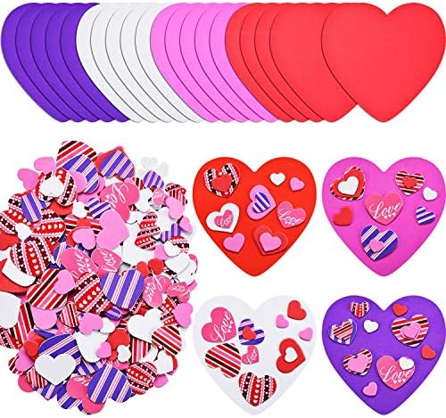 320 חתיכות סט מלאכת לב של Valentines Poam כולל 20 חתיכות לבבות קצף צבעוניים ו -300 חתיכות מדבקות קצף