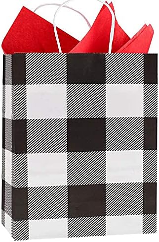 FLUNACO 8 חבילה שקיות מתנה משובצות באפלו, שקיות מסיבות משובצות לבנות ושחורות שקיות נייר לחג המולד סט