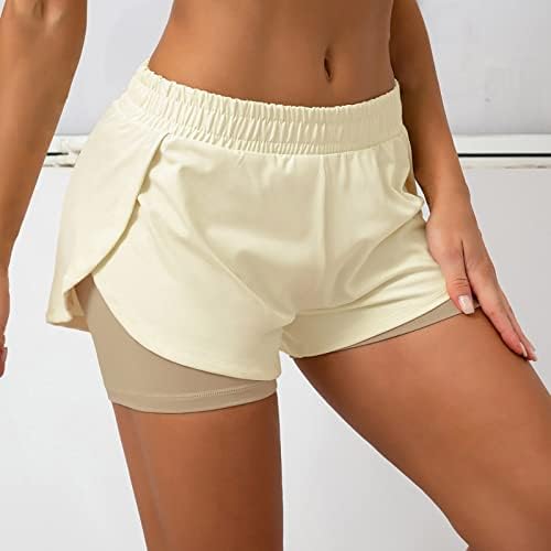 2 נשים ב -1 מכנסיים קצרים שכבה כפולה מכנסיים קצרים במותניים קצרים בקיץ כושר יוגה יוגה אימון אימון אלסטיים