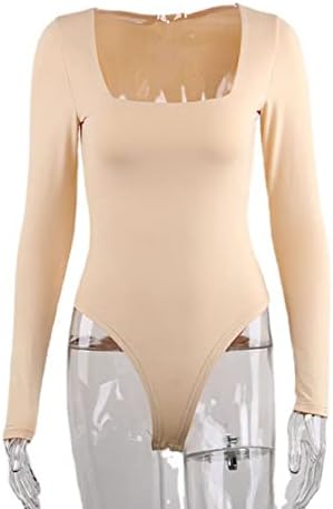 יונג נשים צוואר מרובע שרוול ארוך לחץ על כפתורים בגד גוף בגד גוף חתיכה אחת סרבל נמתח בכושר דק