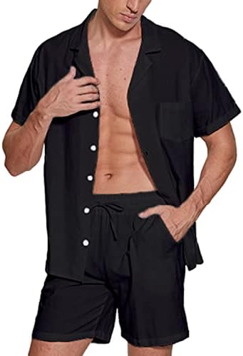 NHICDNS חולצת כפתור פשתן לגברים HAWAIIN 2 חלקים תלבושות קצרות מזדמנים היפי חופשת חוף חוף מכנסיים קצרים