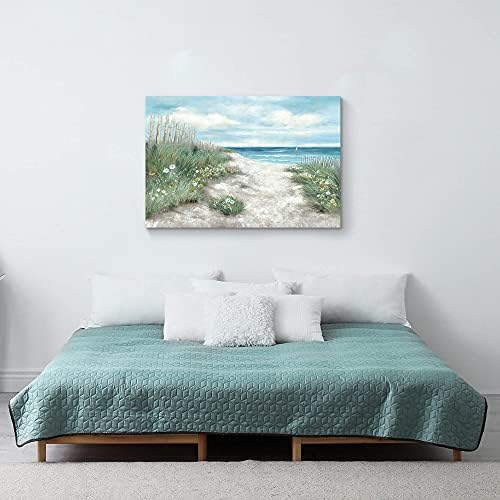קיר תפאורה מופשט חוף החוף ציור בד: פרח & מגבר; קש עם כחול שמיים קיר אמנות נוף ימי יצירות אמנות תמונה