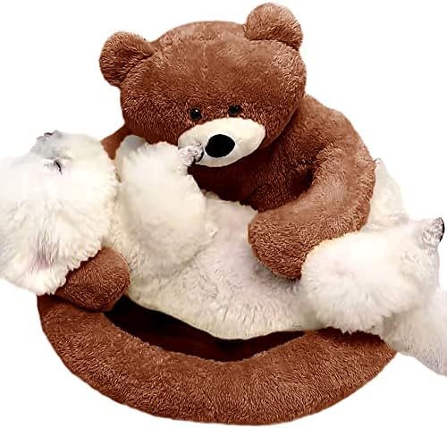 דוב חמוד חיבוק עיצוב מיטות חתול כלב מיטות חיית מחמד קטיפה, מיטות כלבים רכות ומרגיעות חמות עם כיסוי רחיץ