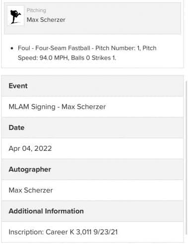 משחק מקס שרצר השתמש בקריירה חתומה Strikeout k 3,013 9/23/21 MLB Holo Dodgers - משחק משומש בייסבול