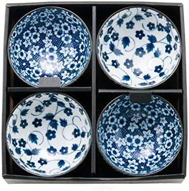 אוסף הינומארו אותנטי יפני קערת אורז חרסינה יפנית סט של 4 מתנה של ניפון כחול Momiji Kiku סט מתנה ביפן