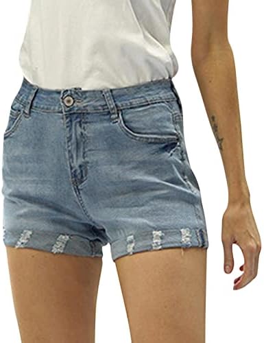 מכנסי ג'ינס וינטג 'במותניים גבוהות לנשים מכנסיים קצרים של שולי ג'ין מקופלים עם כיסים נשות מכנסיים במצוקה