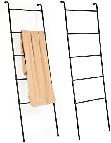 סט סולם שמיכה מתכתית של 2 סולם שמיכה עם ווים מחזיק מגבת שחור לחדר השינה של סלון בחדר האמבטיה