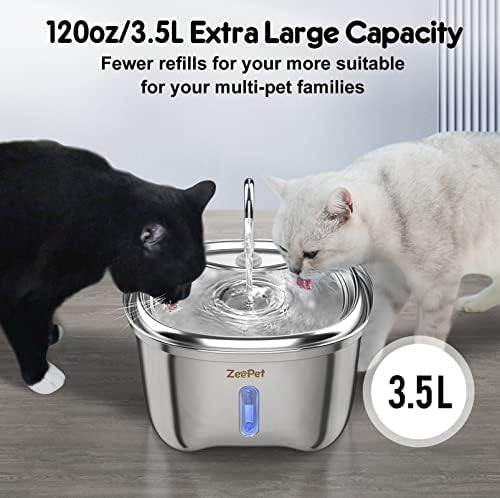 מזרקת מים לחתול זיפט, 3.5 ליטר/120 עוז קיבולת גדולה נירוסטה מזרקת מים לחיות מחמד עם חלון, מתקן מים לכלבים