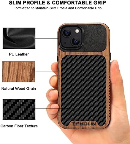 טנדלין תואם לאייפון 13 מיני גרעינים עץ מארז עם מרקם סיבי פחמן עיצוב עור היברידי תואם לאייפון 13 מיני