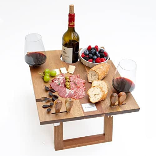 יין פיקניק שולחן, מתקפל שיטה עץ יין שולחן עם יין זכוכית מחזיקי & מגבר; גבינת סכיני הגשה עבור קמפינג,