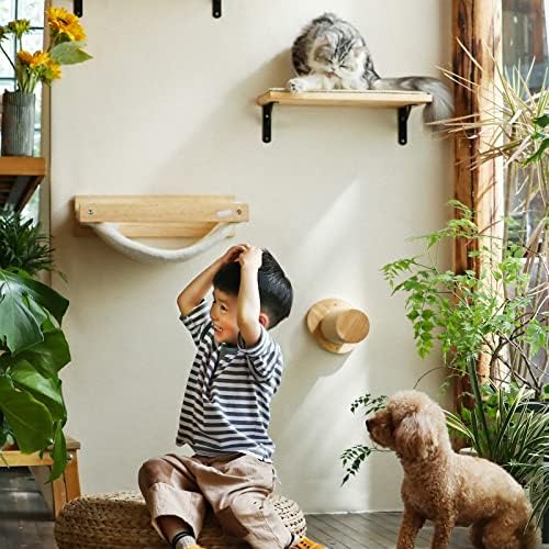 ריהוט קיר לחתול פוקומארו, כולל מדף טיפוס לחתולים, מדף קיר צף עם מחצלת גירוד לחתולים, ערסל לחתולים, עץ