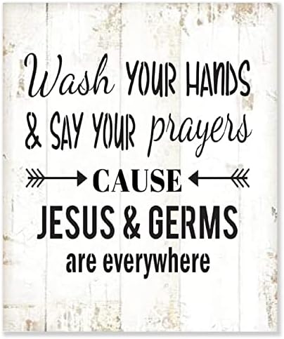 שלט עץ וינטג 'שוטף ידיים לך תגיד את תפילותיך, ישוע וחיידקים נמצאים בכל מקום מטבח בית חווה בית מגורים